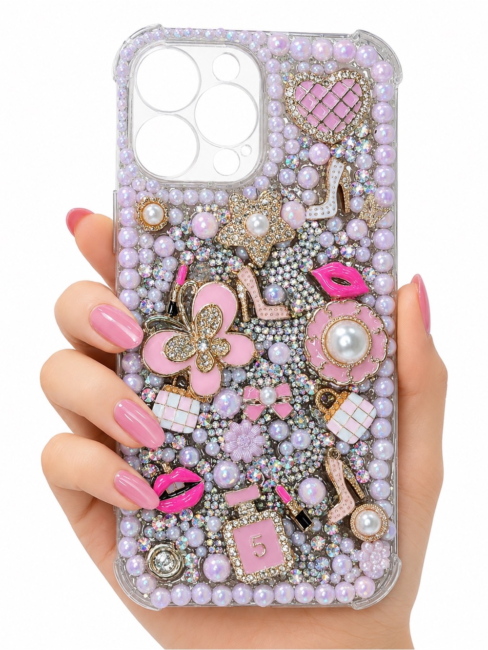 Hand Decorated Embellished Pink Pearl iPhone 13 Pro Max Case - Bling Junk Case